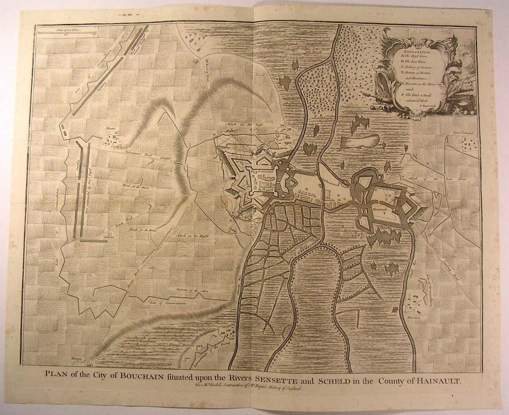 Bouchain France City Plan Battle Fortress Attack c.1745 antique Basire map