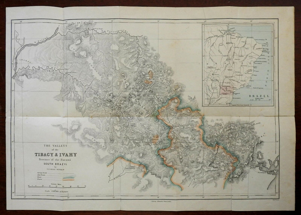 Parana Brazil Tibagy Ivahy Valleys Curitiba So America 1860's Murray/Weller map