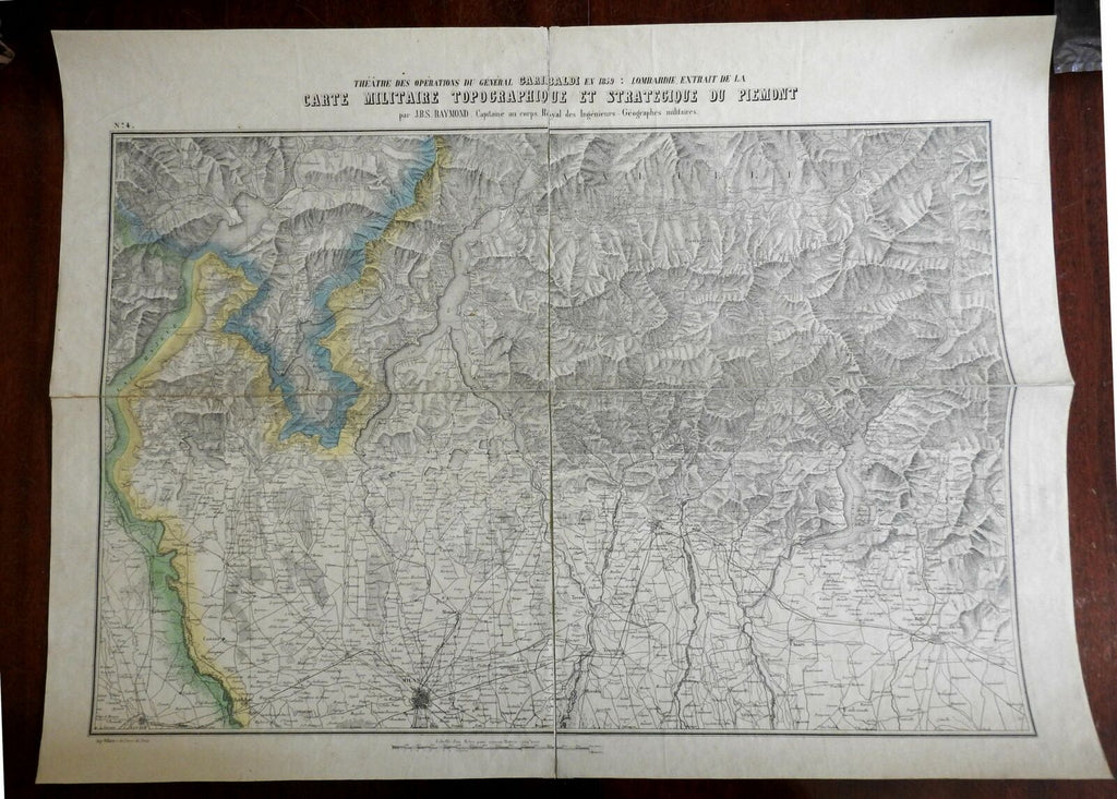 Kingdom Piedmont Italy c. 1850 lg. topographical war map Mila Brescia Lake Como