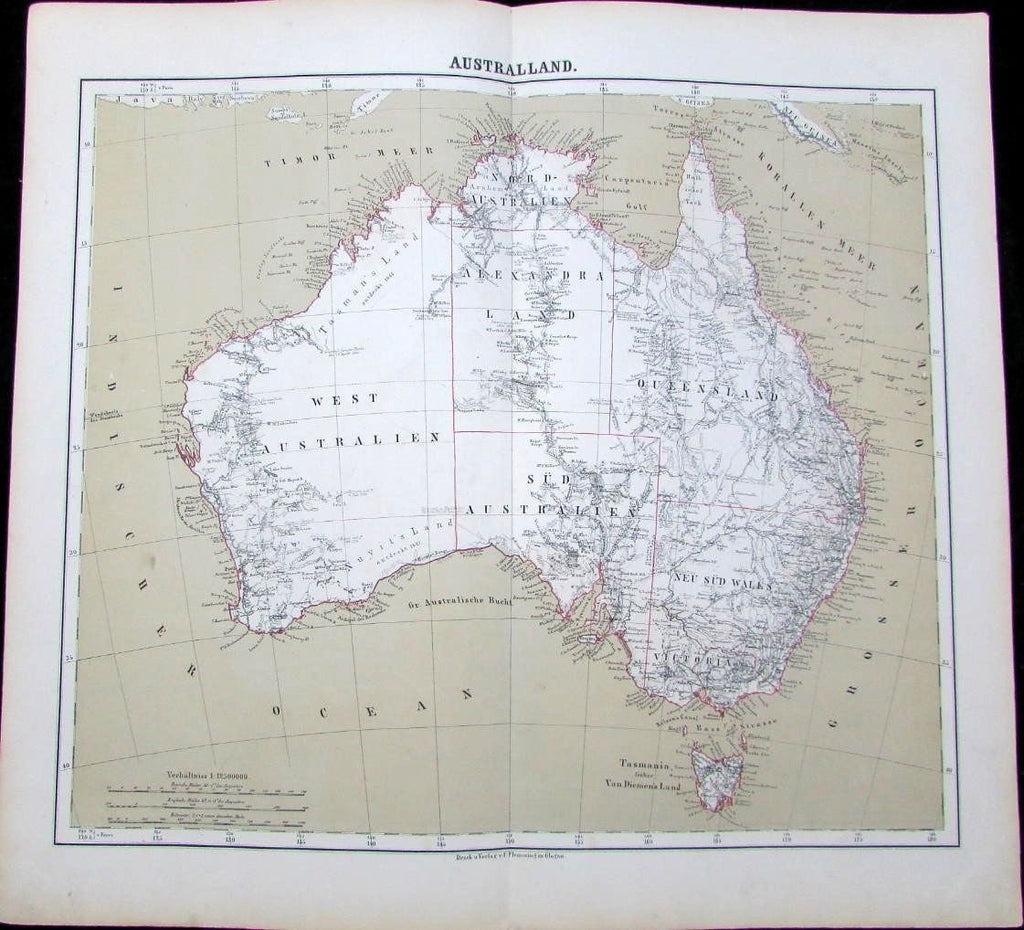 Australia early exploration routes 1875 Flemming scarce folio antique German map