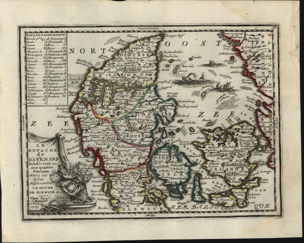 Denmark Kingdom Europe sea monsters ships 1719 Chiquet decorative antique map