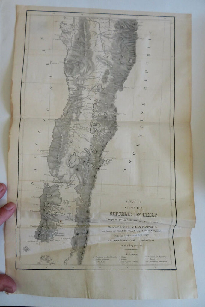 Republic of Chile Southern Portion Gold Mines Railroads 1855 engraved map