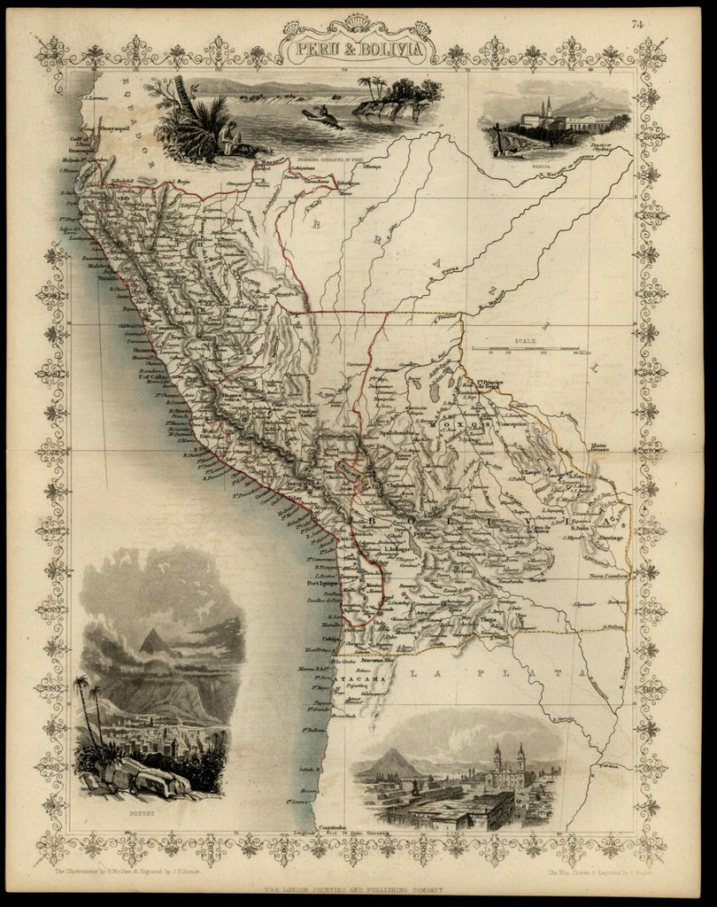 Peru Bolivia South America c.1855 Tallis map