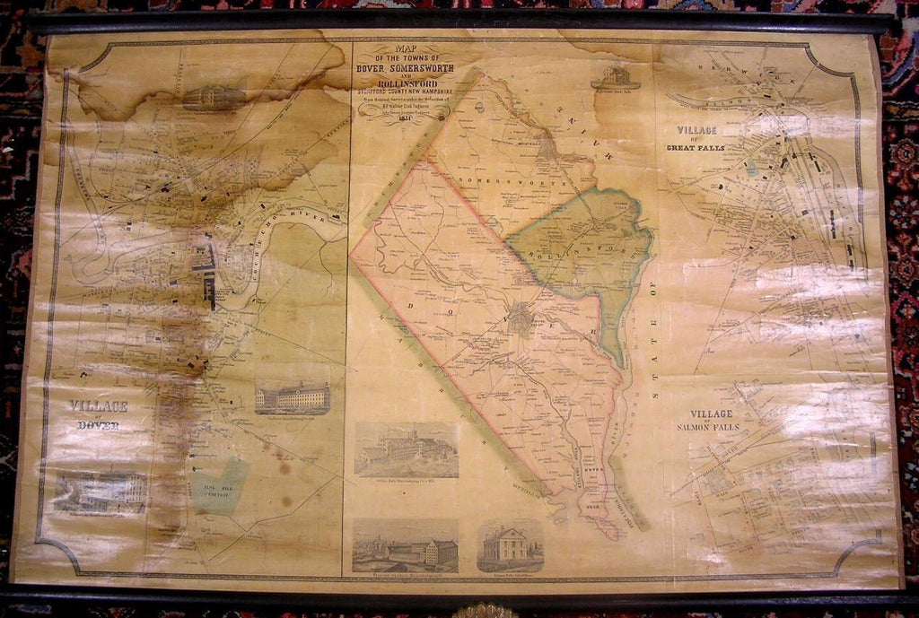 Dover Somersworth Rollinsford New Hampshire Great Falls 1851 Wall Map Rare