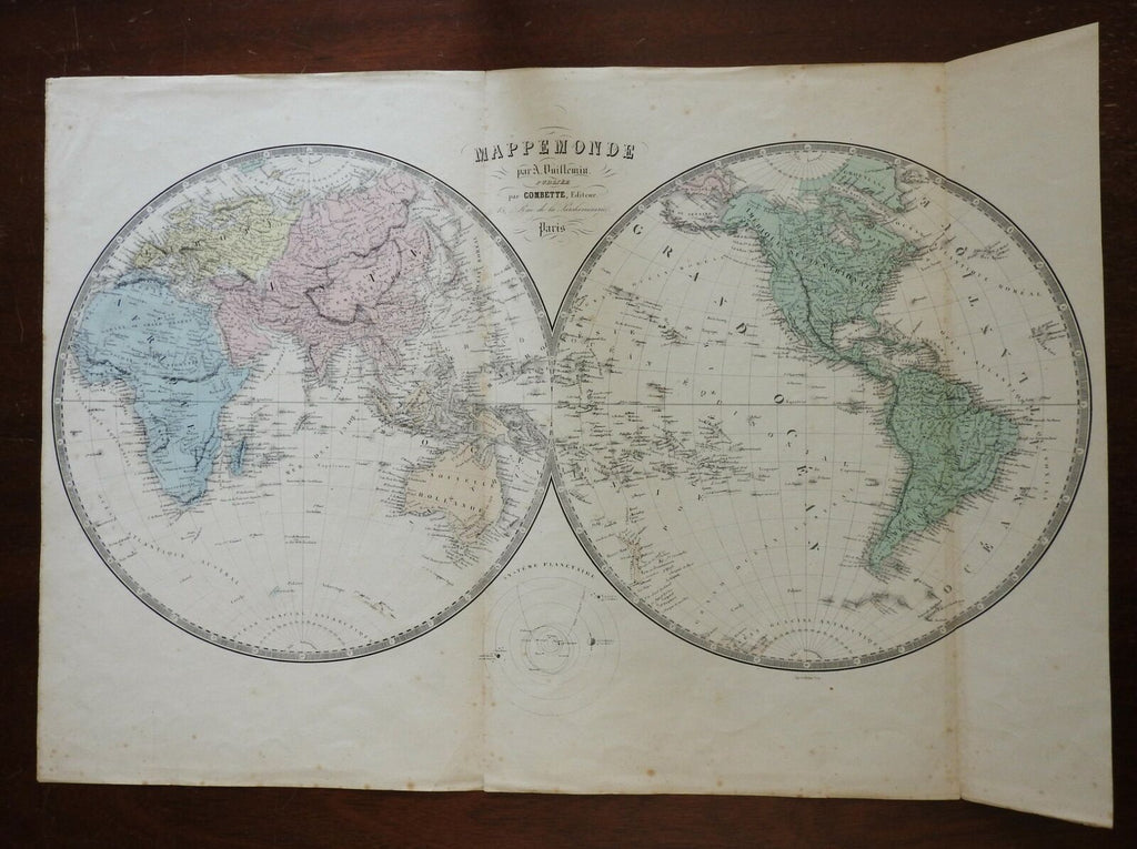 World in Double Hemispheres c. 1840 scarce large Vuillemin map Celestial inset