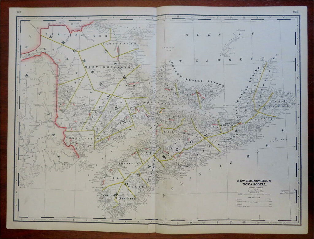 New Brunswick & Nova Scotia Maritimes Canada 1885 Cram scarce large detailed map