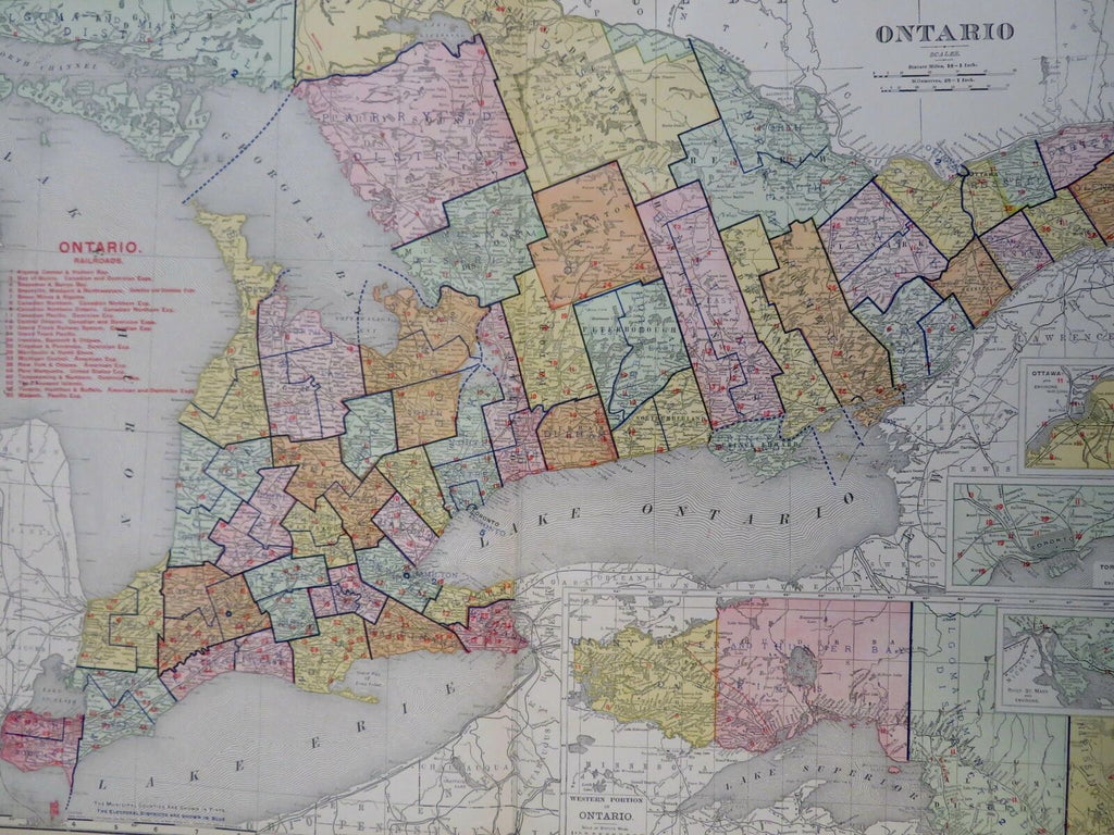 Ontario Canada Great Lakes region 1908 McNally large overprinted map