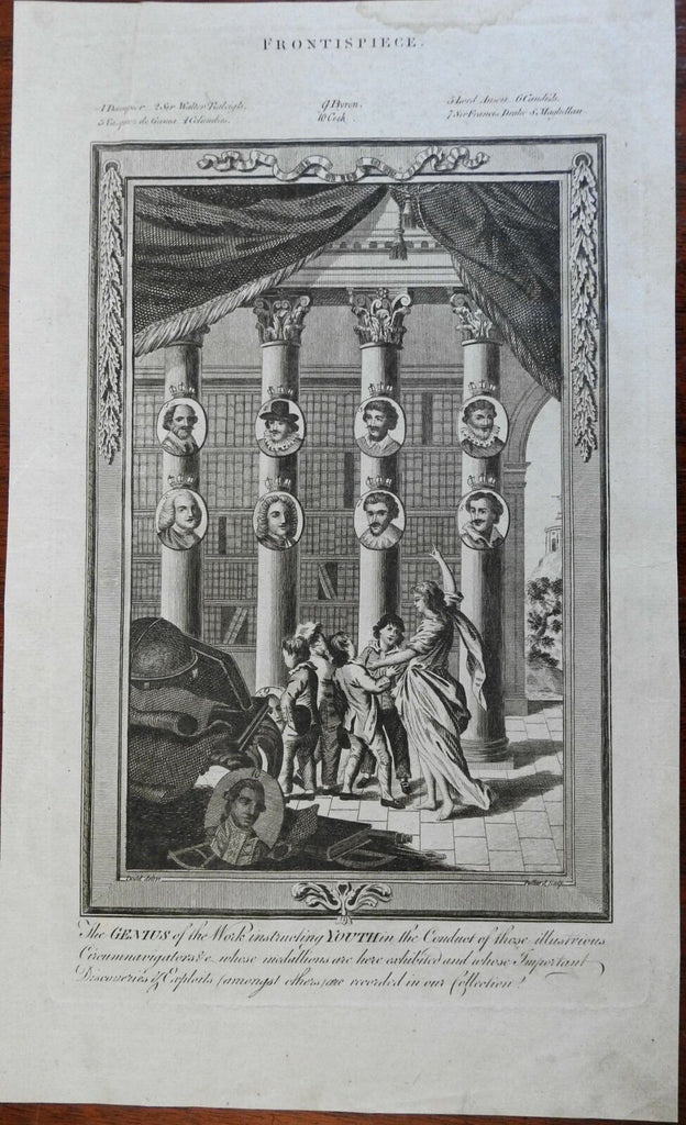 Frontispiece Circumnavigators Genius of Work 1780's Magellan Cook Dampier Drake