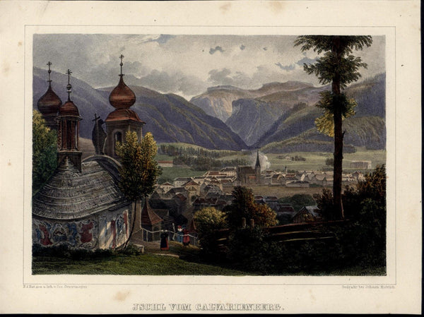 Austria Village View Landscape Quaint c. 1840 beautiful antique hand color print