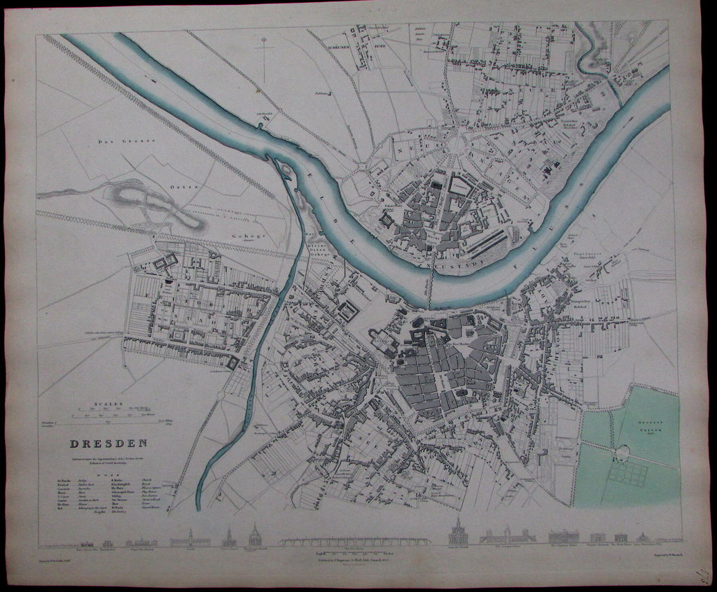 Dresden Germany Elbe River churches markets "shooting house" c.1840 old SDUK map