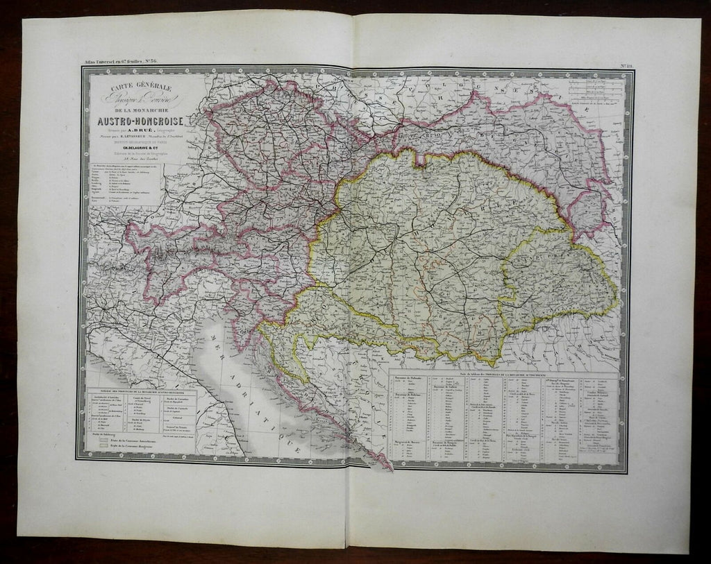 Austria-Hungary Hapsburg Empire c. 1830's Brue large detailed map hand color