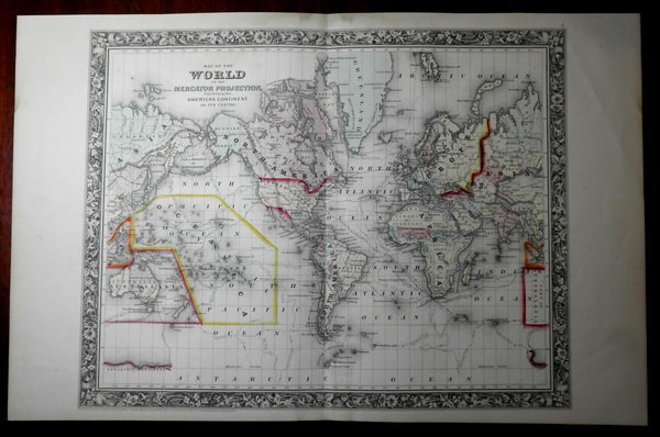 World Mercator Projection 1860 Mitchell map Exploration tracks Capt. Cook