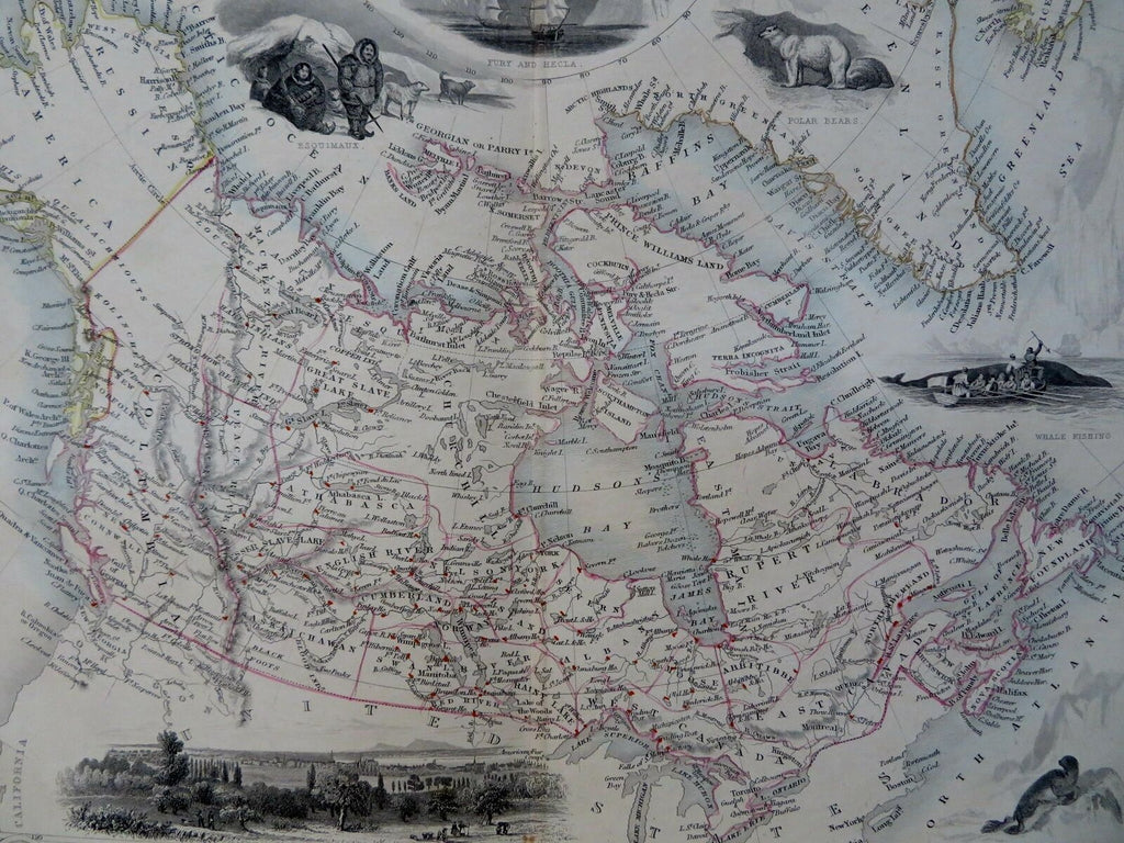 Canada Polar Bear Seal Whaling Montreal 1851 Tallis decorative vignette map