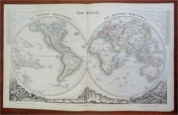 World Map in Double Hemispheres Mountain Ranges c. 1850-8 Archer engraved map