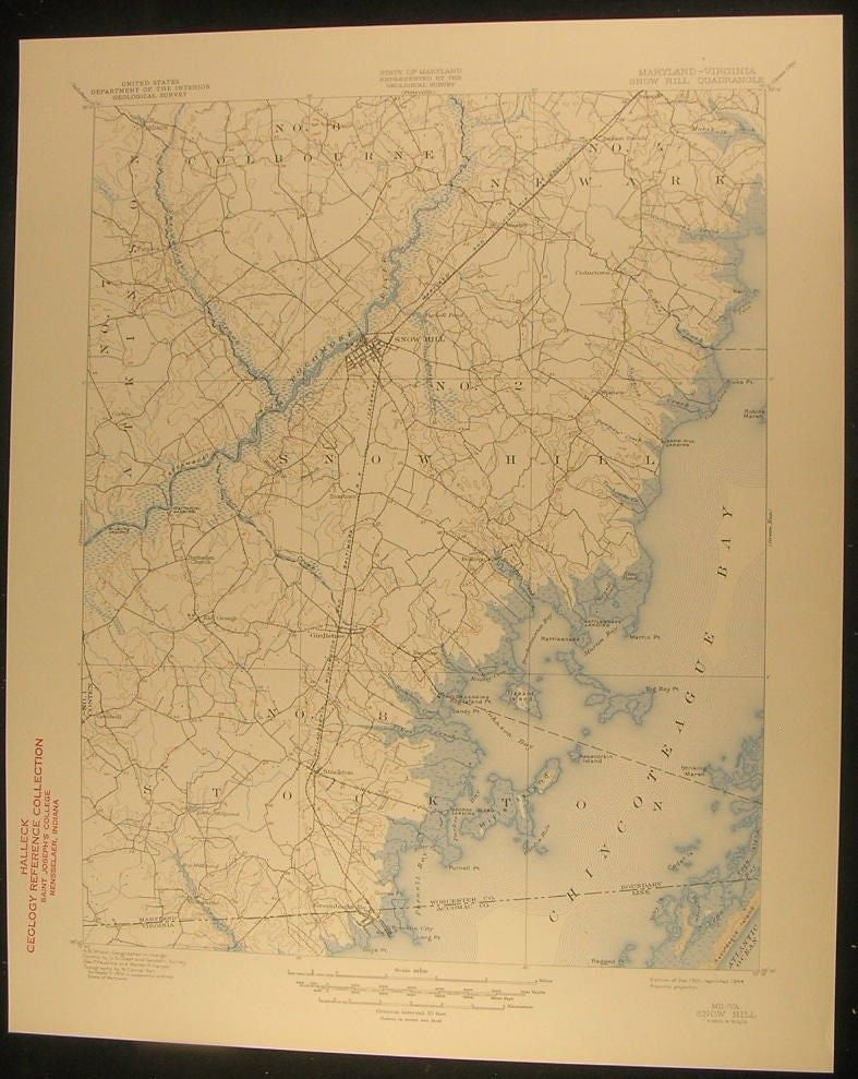 Snow Hill Maryland Virginia Pikes Creek 1944 antique color lithograph map