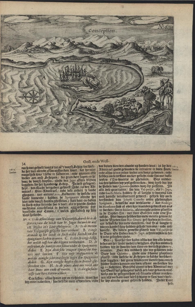 Conception Chile 1645 Janszoon scarce early antique copper-engraved harbor view