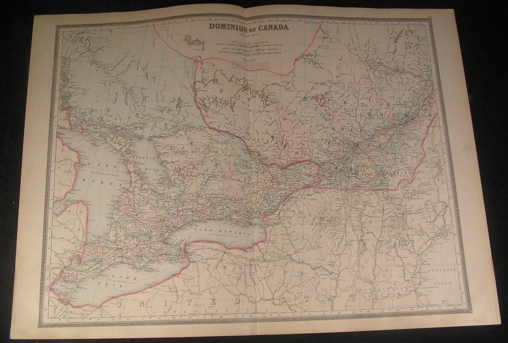 Dominion of Canada Ontario Huron Montreal 1890 Walker large antique color map