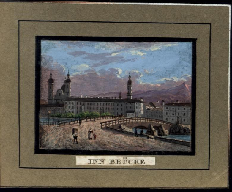 Innsbruck Austria City View Bridge c. 1840 beautiful antique hand color print