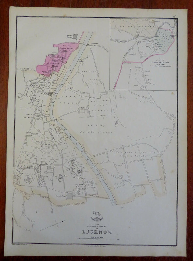 Lucknow British India Residency Palaces c. 1856-72 Weller city plan map