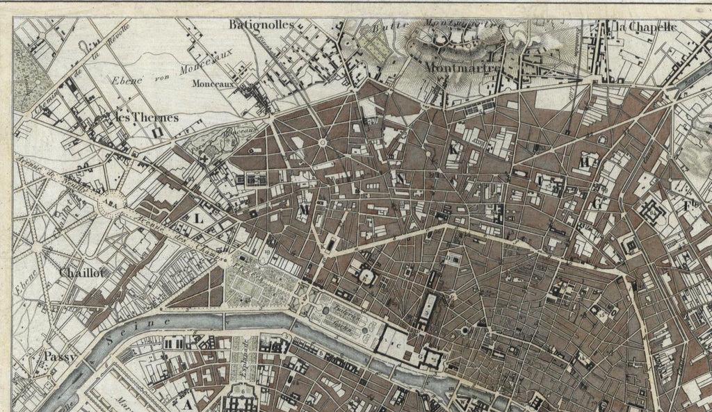 Paris France Seine River Montemartre c.1850 stunning antique color map city plan
