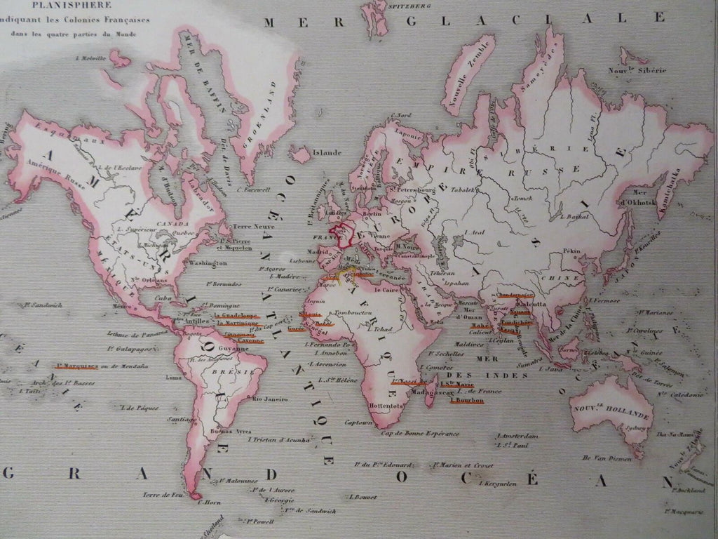 French World Colonies Algeria Senegal Mozambique French Guyana 1850 Dyonnet map