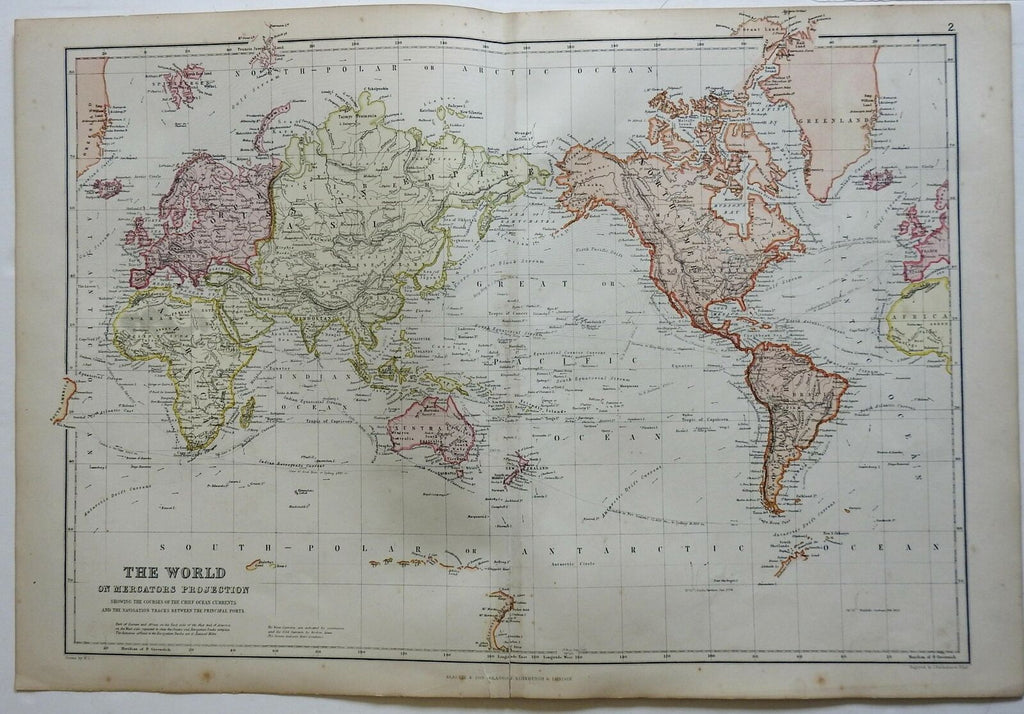 World Map Mercator's Projection Sea Lanes Shipping Routes 1882 Blackie map