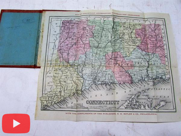 Connecticut scarce folding pocket map 1875 Butler Mitchell hand color antique compliment