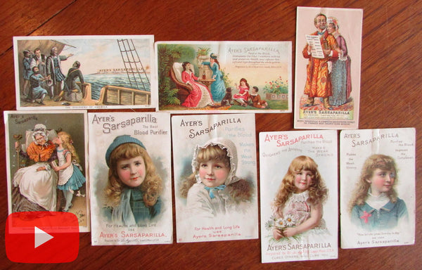 Ayer's Sarsparilla trade cards lot x 8 patent medicine c. 1880's colorful health