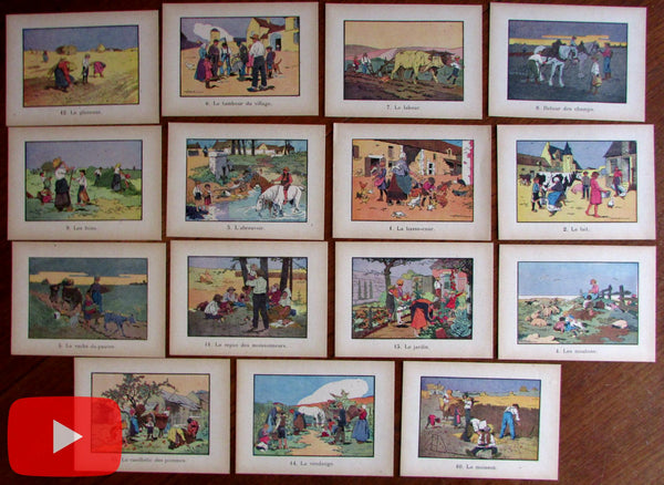 Childhood language learning concept color cards c. 1915-30's school farming