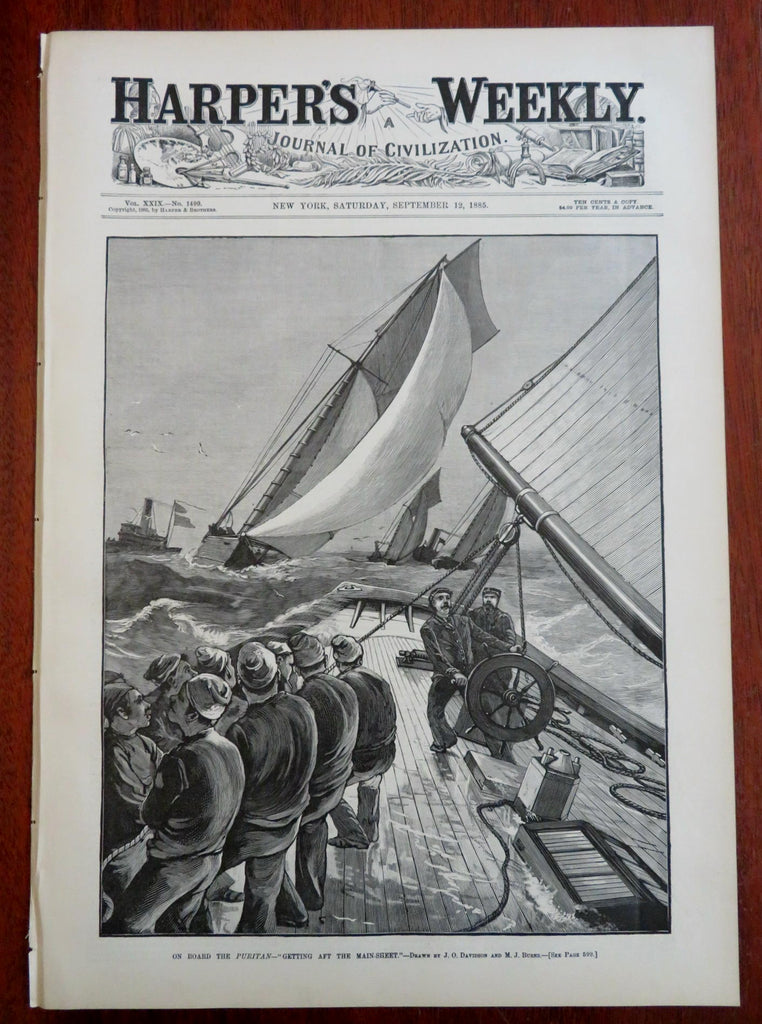 Bicycle & Sailing Races 1885 Harper's newspaper nautical Puritan Mikado Nast art