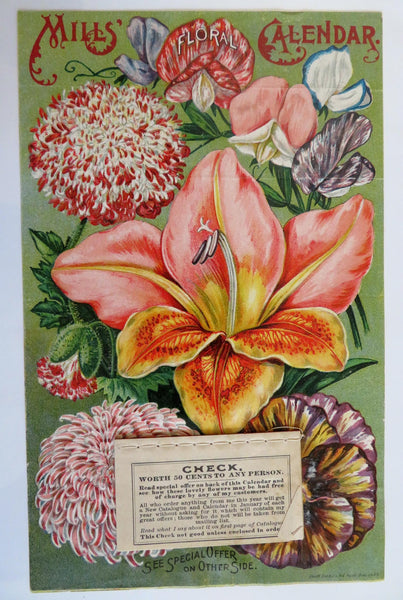 Mill's Floral Calendar 1895 Vintage Advertising Promo Item Floral Print