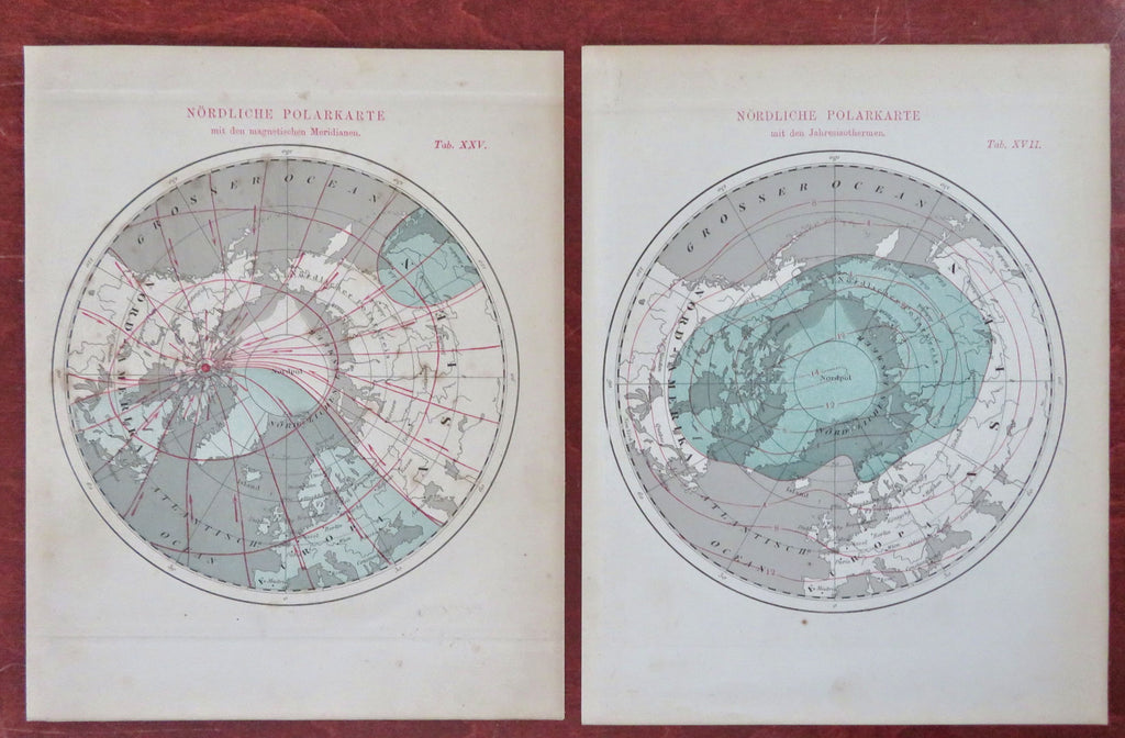 North Pole Isotherms Magnetic Zones 1865 Baehr lot x 2 scientific maps