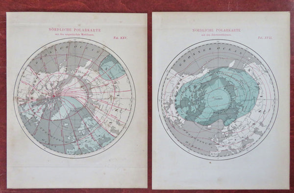 North Pole Isotherms Magnetic Zones 1865 Baehr lot x 2 scientific maps