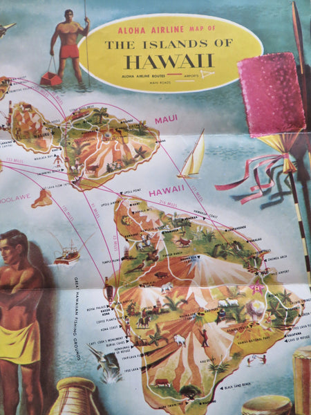 Hawaii Cartoon Pictorial Map Aloha Airlines c.1950s tourist info