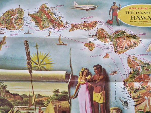 Hawaii Cartoon Pictorial Map Aloha Airlines c.1950s tourist info