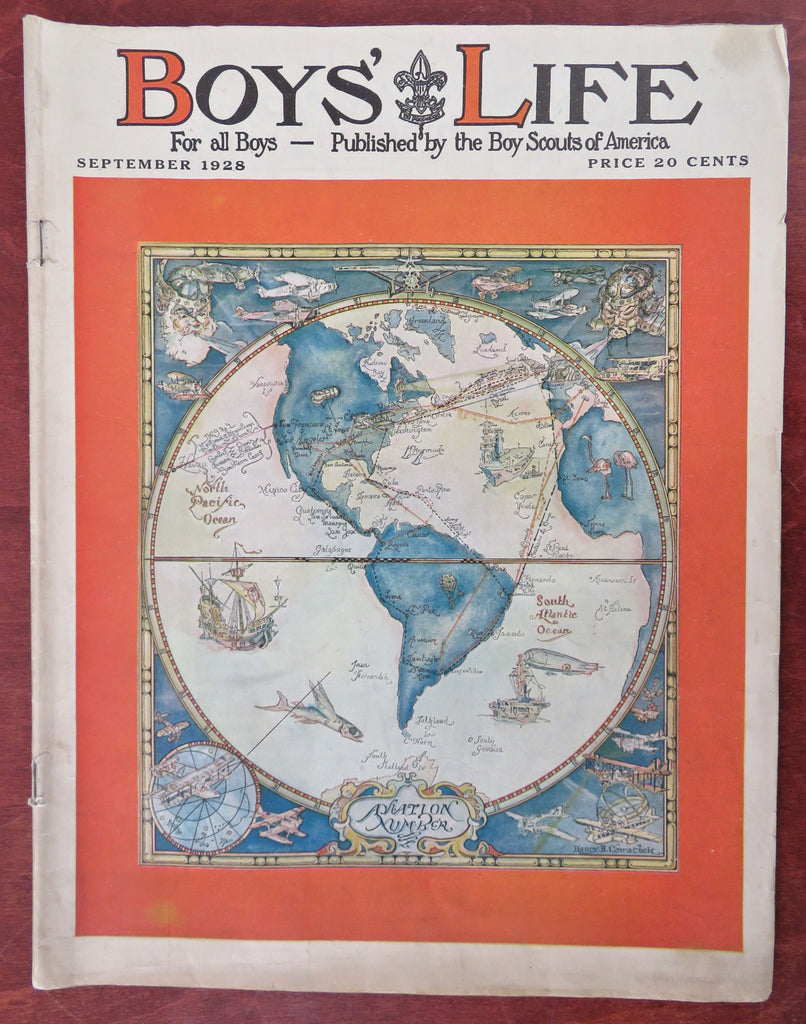 Aviation Cartoon map 1928 Henry Comstock rare Boy's Life mag. cover Scouting