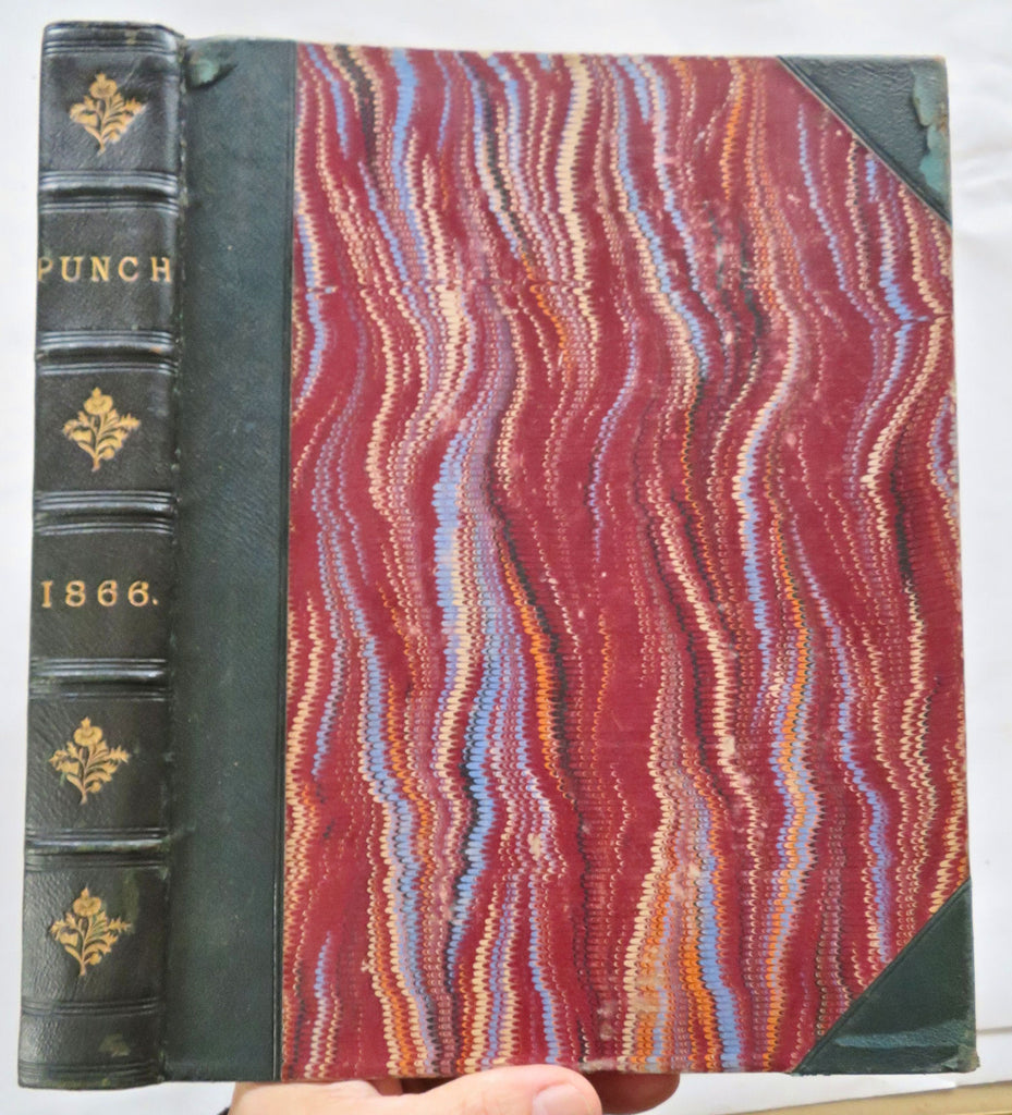 Punch Magazine 1866 U.K. w/ many fine wood engravings wonderful old leather book