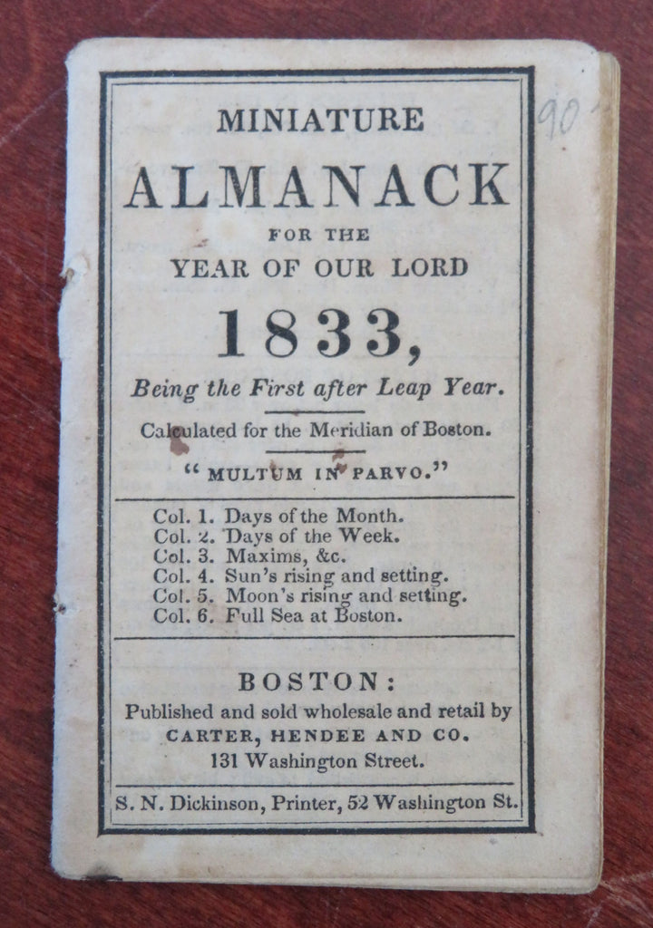Miniature Almanack for 1833 Boston Planting Zodiac Calendar small book