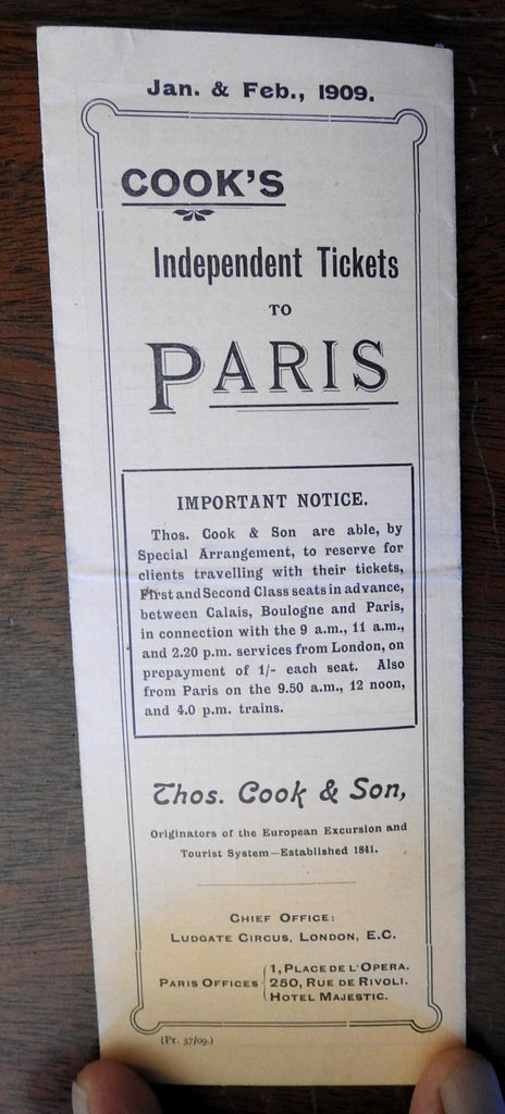 Thomas Cook's Independent Tickets to Paris 1909 tourist travel guide tourism