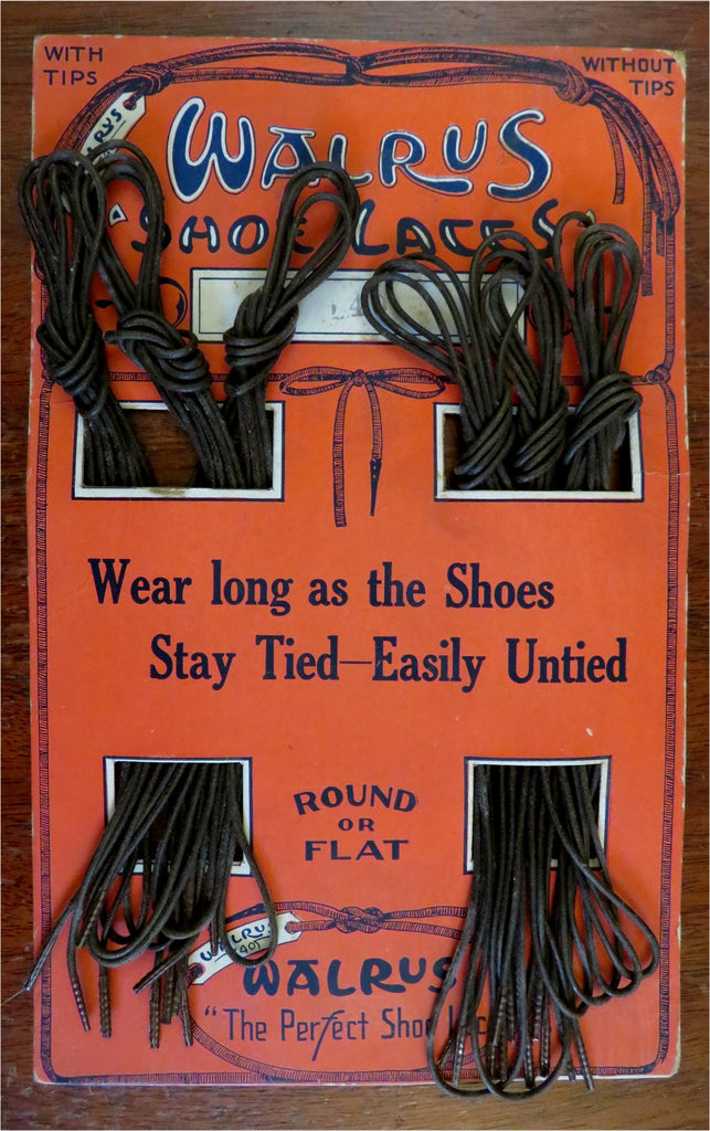 Walrus Shoe Laces c. 1930's store display sign w/ 6 sets original shoe laces