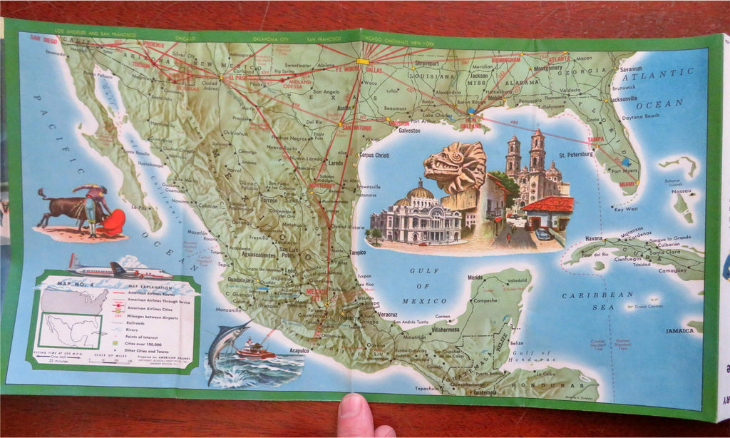 American Airlines Travel Routes System Map c. 1953 pictorial cartoon color maps