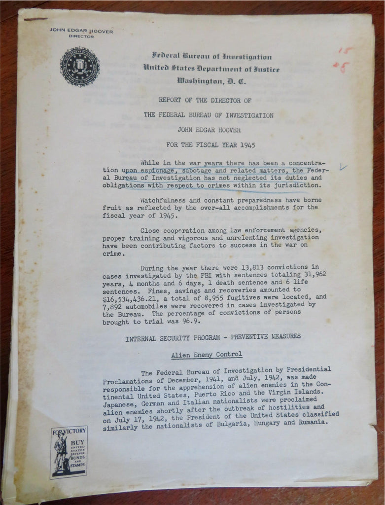 J. Edgar Hoover FBI Director Fiscal Reports 1943-6 Crime Statistics Report