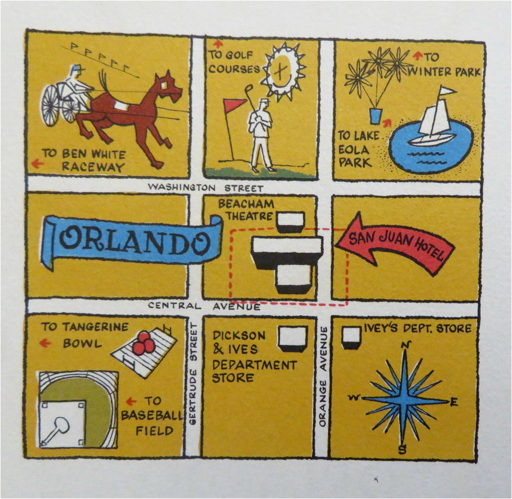 San Juan Hotel Orland Florida Cartoon Illustrated c. 1960 Advertising Brochure