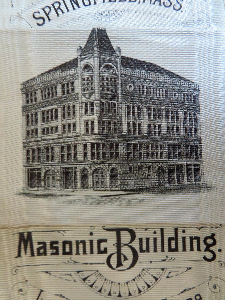Springfield Mass. Masonic Building Laying corner stone 1892 Souvenir Silk Ribbon
