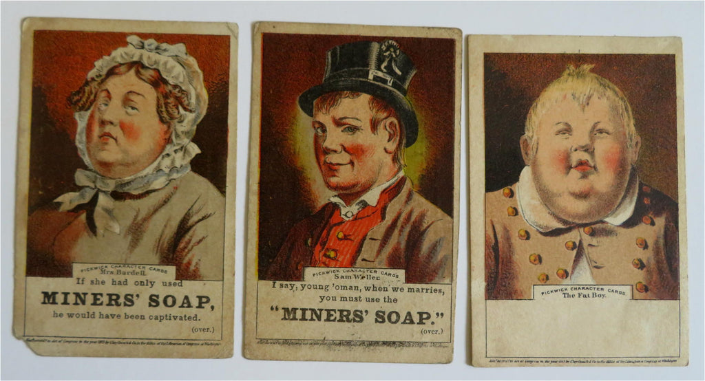 Charles Dickens 1875 Miners Soap Trade Cards Pickwick Series characters Lot x 3