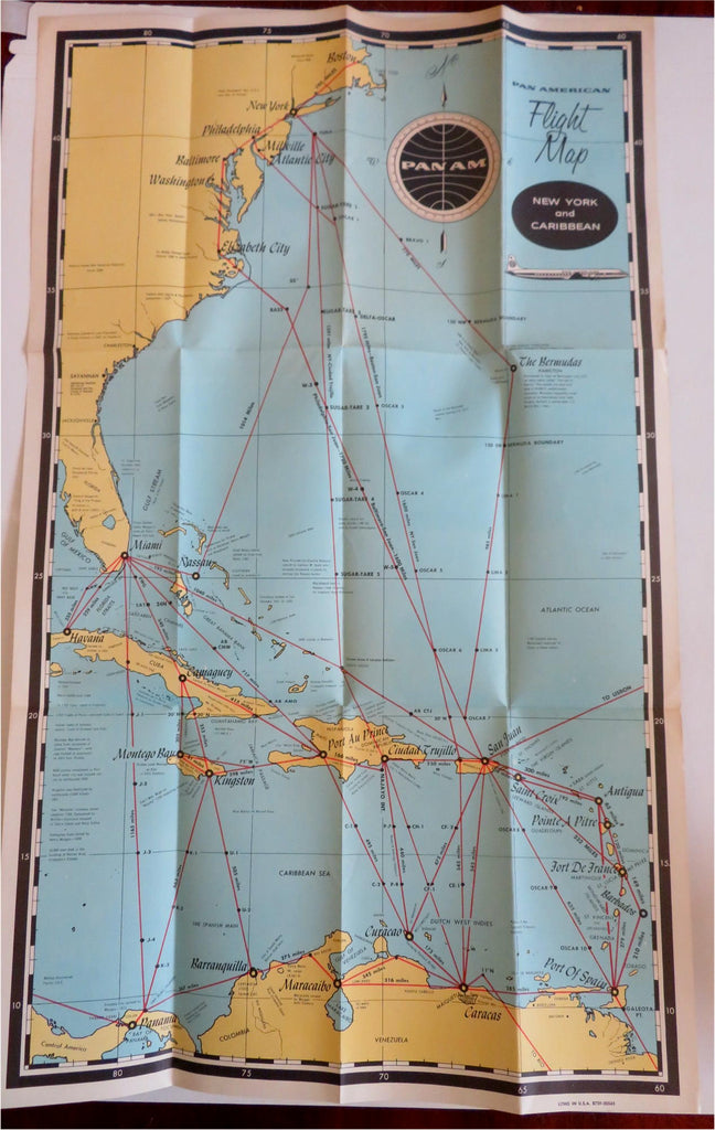 Pan American Flight Map East Coast New York Bahamas Caribbean c 1950's promo map