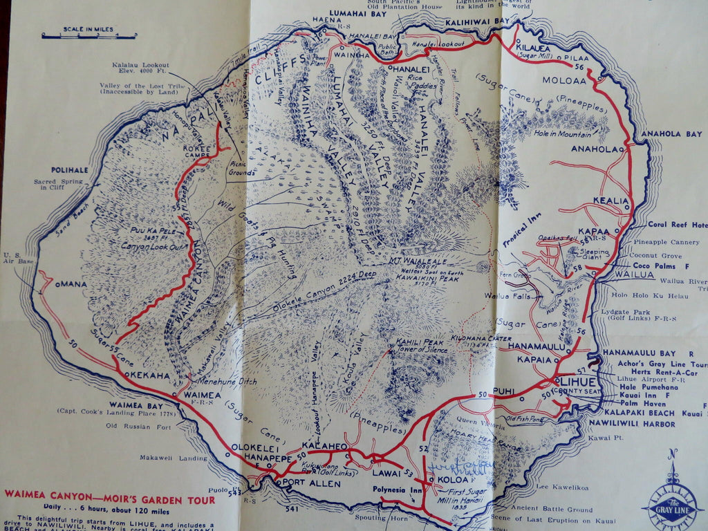 Kauai Hawaii Travel Brochure Large Folding Map c. 1950's tourist vintage ad