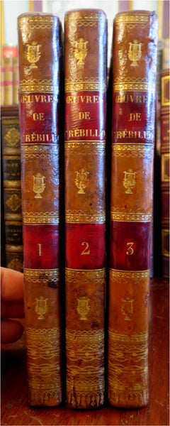 Claude de Crebillon Collected Works 1812 leather French 3 v. set Chippendale