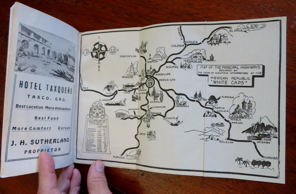 Mexico Sight Seeing Bus Tours 1936 White Caps tourist info cartoon pictorial map