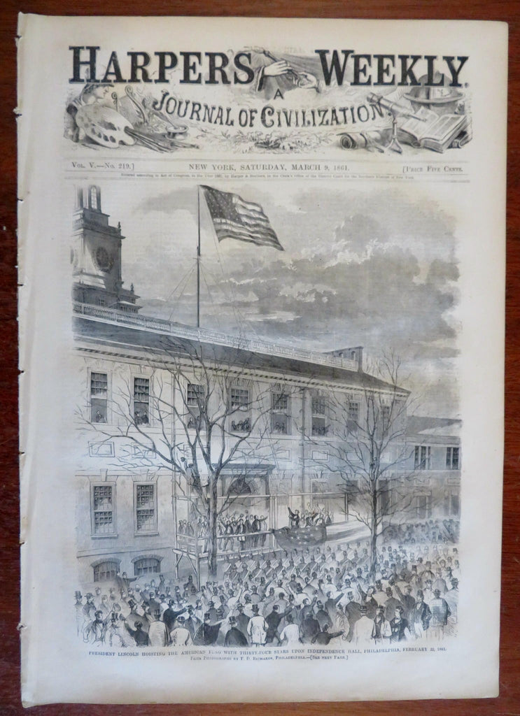 Lincoln at Independence Hall PA Harper's Civil War newspaper 1861 complete issue